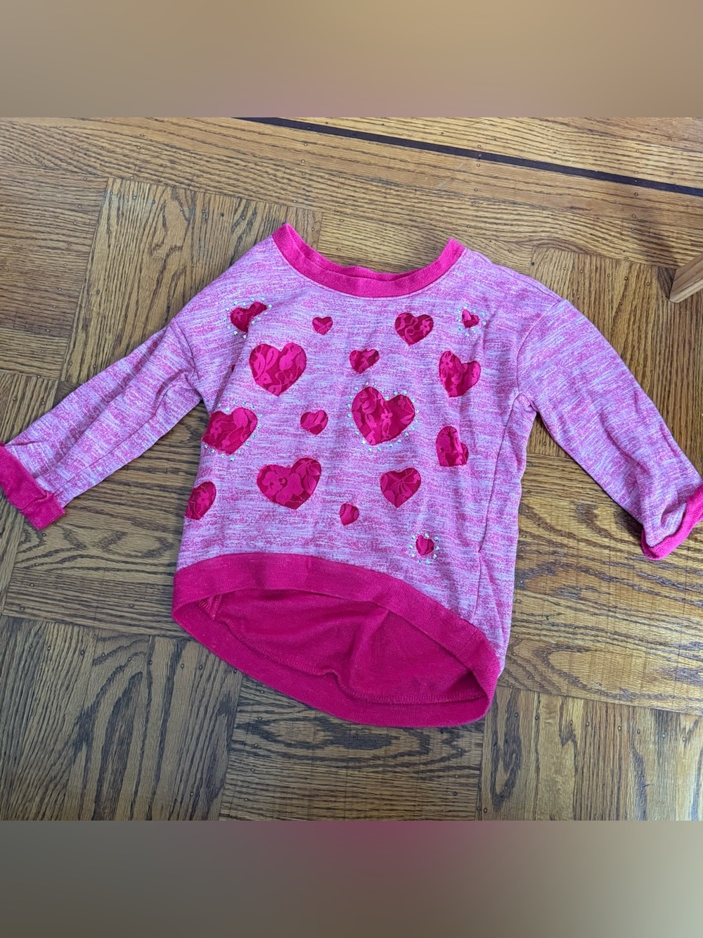 Girls Pink Heart-Print Long Rolled Sleeve Top